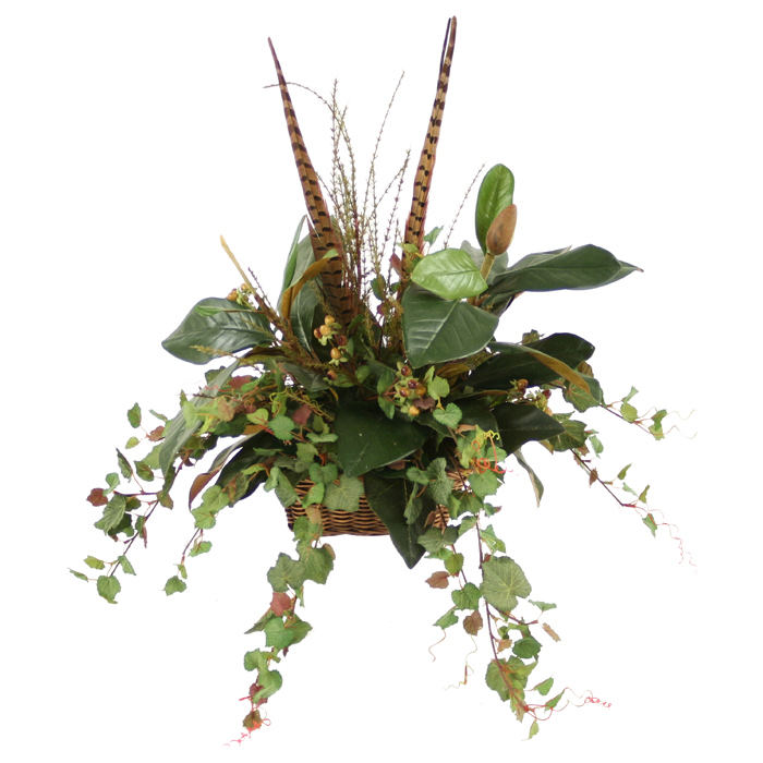 Fall Topper of Mixed Silk Foliages including Magnolia, Ivy, Berries and Feathers in Rectangle Wicker Basket